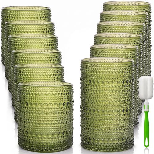Hobnail Drinking Glasses Set of 12 Kitchen Glass Cups Glassware, Green