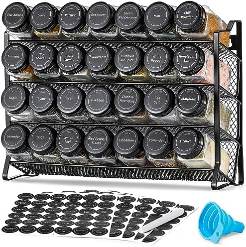 AOZITA Spice Rack Organizer for Cabinet, Spice Organizer with 28 Empty Spice Jars with Black Lids, Funnel, Spice Labels, Seasoning Organizer for Countertop, Cabinet, Kitchen, Pantry, Cupboard