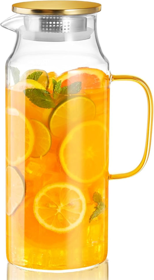 2 Liter 68 oz Glass Pitcher with Lid and Handle, Gold Glass Carafe for Fridge, Water Pitcher for Hot/Cold Water, Large Jug for Iced Tea, Coffee, Juice and Homemade Beverage