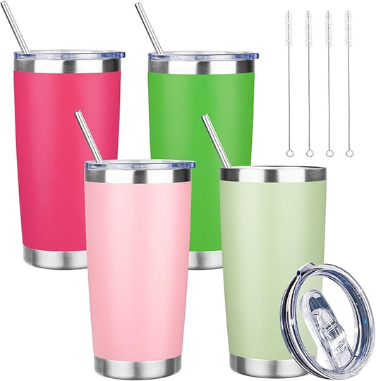 20 oz Tumbler with Lids and Straws, Stainless Steel Insulated Travel Coffee Mug, Double Wall Vacuum Insulated Tumblers, Powder Coated Coffee Tumbler for Cold & Hot Drinks (Mix Color-3, 4 Pack)