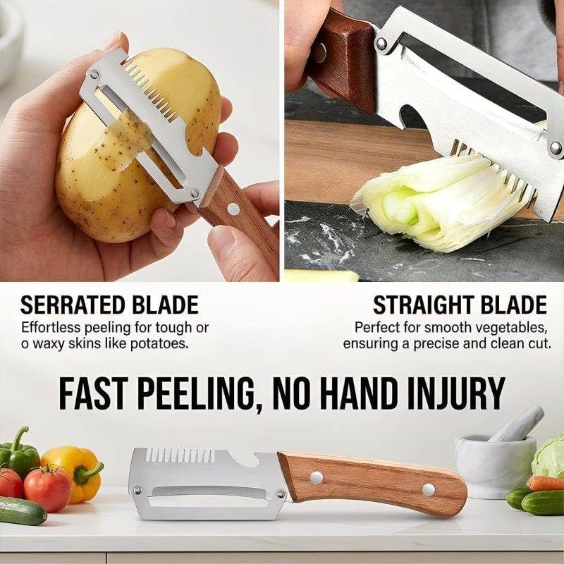 Multifunctional Vegetable Peeler,3 in 1 Stainless Steel Potato Peeler with Bottle Opener,Wooden Handle Fruit&Veggie Peeler for Kitchen,Carrot Apple Peeling Tool, GreenOnion Shredder Kitchen Gadget