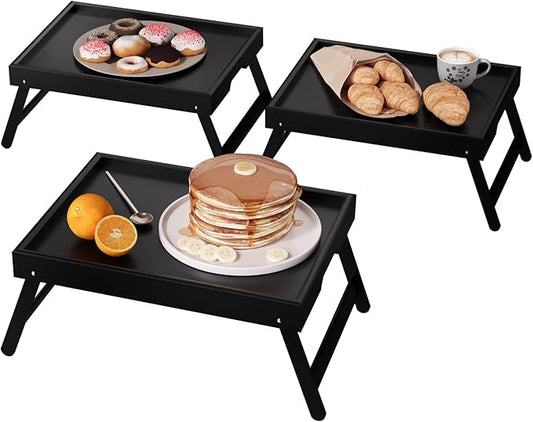 3 Pack Bamboo Bed Tray Table with Folding Legs,Breakfast Trays,Serving Tray,Laptop Tray for Working,Food Snack Tray for Bed and Sofa(Black)