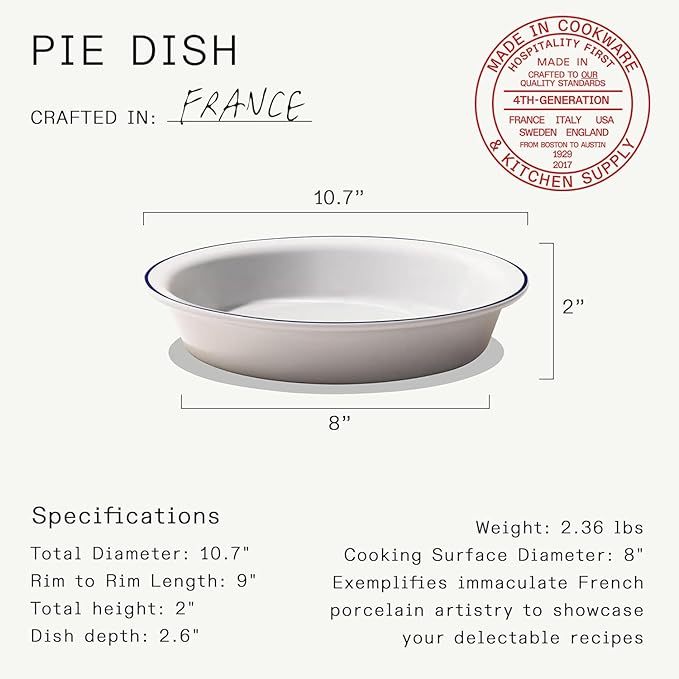Made In Cookware | 9" Pie Dish | Navy Rim | Handcrafted Porcelain | Professional Bakeware | Crafted in France