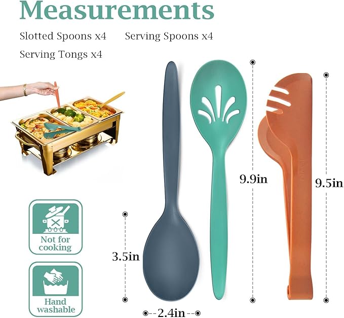 Reusable Plastic Serving Utensils Set of 12, 10" Wheat straw Large Serving set Serving Spoons/Slotted Spoons/Tongs, for Party Buffet Catering (Orange/Blue/Yellow/Green, Not for Cooking)