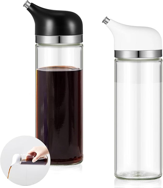 2 Pcs Cruet Dispenser Set 8 oz, White and Black Glass Soy Sauce Dispenser, Small Olive Oil and Vinegar Bottles, Soy Sauce Bottle, Non Drip Spout Cruet Bottle for Kitchen Cooking
