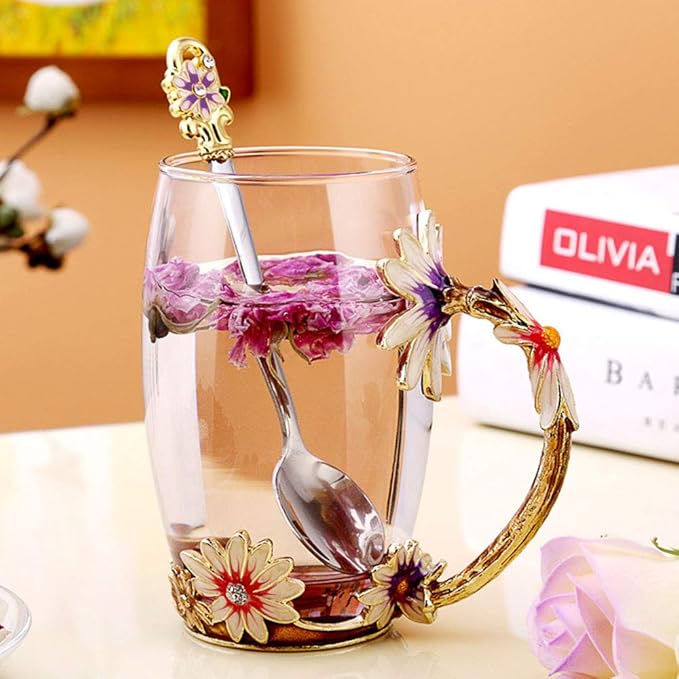 Daisy Flower Tea Cup,Handmade Glass Enamel Coffee Mugs with Delicate Spoon,Birthday Gift for Wife,Mum,Girlfriend,Teacher
