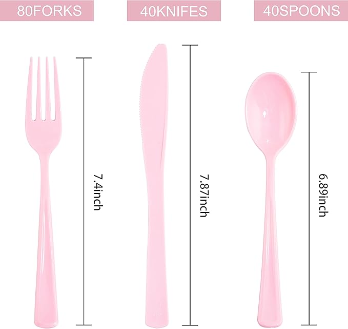 WDF 160 Piece Pink Plastic Silverware - Heavy Duty Pink Silverware Includes 80 Forks, 40 Spoons, 40 Knives, Plastic Utensils Perfect for Wedding/Party/Easter