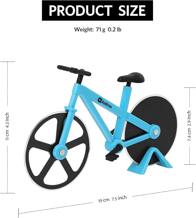Pizza Cutter, Bicycle Pizza Cutter Wheel with Non-Stick Stainless Steel Super Sharp Blades, Novelty Gift, 7.5", Blue