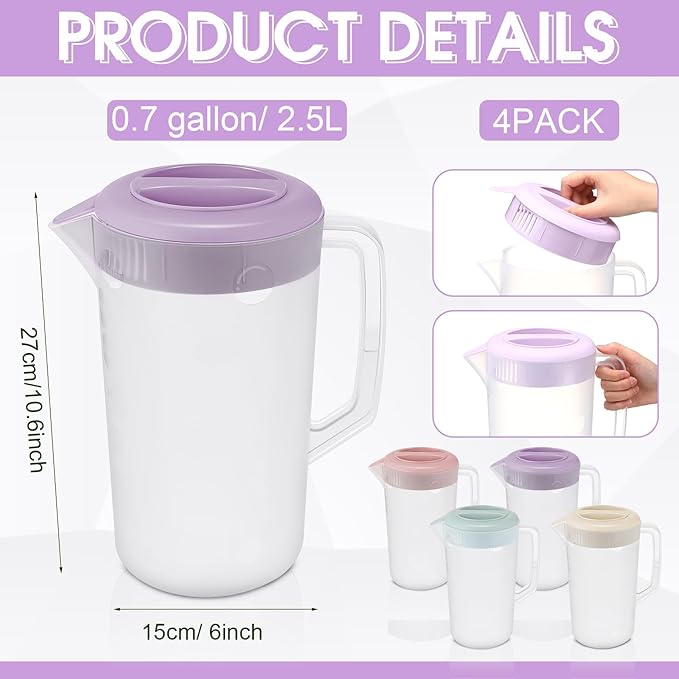 Uiifan 4 Pcs Plastic Water Pitcher with Lid,Spout and Handle Plastic Juice Pitcher Tea Beverages for Fridge Water Carafe Jug for Lemonade Milk Cold Drink Home Daily Party(Multicolor,1 Gallon)