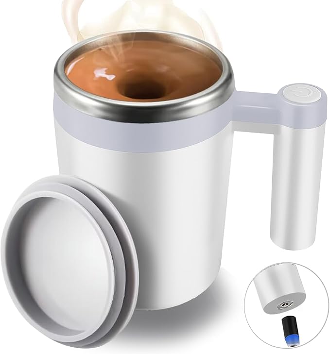 Self Stirring Mug,Rechargeable Auto Magnetic Coffee Mug with 2Pc Stir Bar,Waterproof Automatic Mixing Cup for Milk/Cocoa at Office/Kitchen/Travel 14oz Best Gift - White