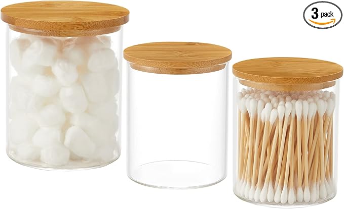 3 Pack Glass Qtip Holder Dispenser, 20 oz and 11 oz Clear Glass Apothecary Jars, Bathroom Vanity Canisters Organizer Jars for Cotton Swabs, Balls, Rounds, Pads, Floss, Bath Salts