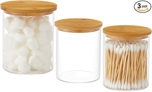 3 Pack Glass Qtip Holder Dispenser, 20 oz and 11 oz Clear Glass Apothecary Jars, Bathroom Vanity Canisters Organizer Jars for Cotton Swabs, Balls, Rounds, Pads, Floss, Bath Salts