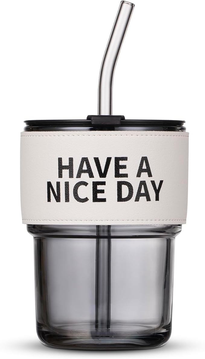 13oz/400ml Glass Water Tumbler with Straw and Lid Sealed Carry on Thick Wall Iced Coffee Cup for Water, Iced Tea, Fruit Juice (Have a Nice Day)