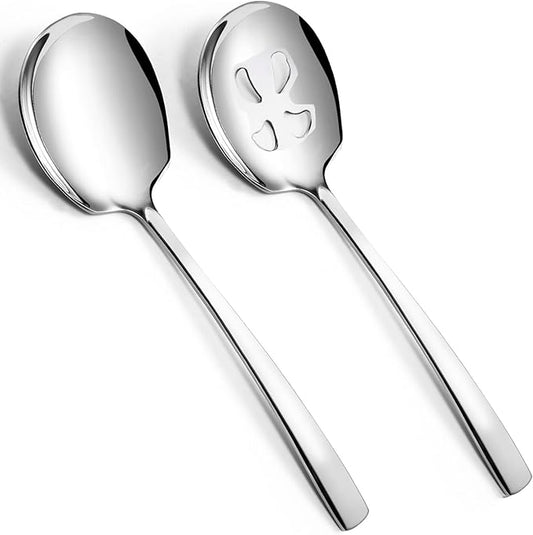 Large Serving Spoons Set Stainless Steel 12 Inch Slotted Spoon and Serving Spoon Serving Utensils for Buffet Catering Dishwasher Safe(1 Spoons, 1 Slotted,Silver)