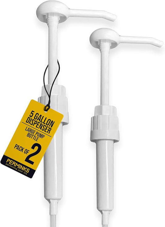 5 Gallon Pump Dispenser - Pump for 5 Gallon Bucket, Jug, Bottle, Large Container - Great for Shampoo & Conditioner, Laundry Detergent, Snow Cone Syrup, Bleach Liquid, Oil & More (Pack of 2)