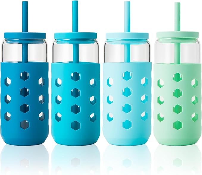 Glass Cups with Lids and Straws (4 Pcs), 20oz Drinking Glasses Set with Silicone Sleeves for Coffee Bar Accessories Iced Coffee Cups with Lids, Glass Tumbler Reusable for Gifts