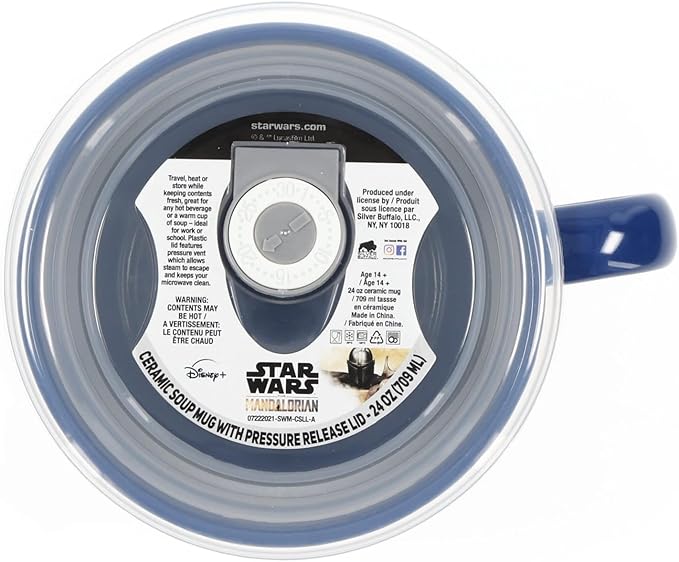 Silver Buffalo Star Wars The Mandalorian Work Hard Nap Harder Baby Yoda Grogu Ceramic Soup Mug With Vented Plastic Lid, 24 Ounces