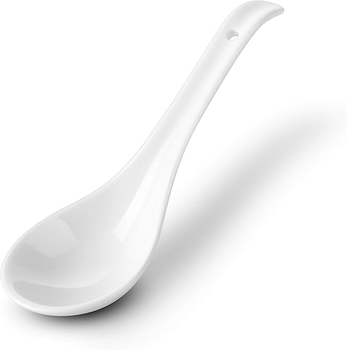 DOWAN Soup Spoons Set of 6, Ceramic Chinese Soup Spoon, Asian Soup Spoons, White Japanese Spoon Large for Ramen Pho Wonton Dumpling Miso, Deep Oval Hook Design(Soft White)
