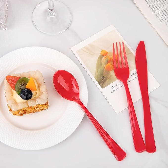 WDF 160 Piece Red Plastic Silverware - Heavy Duty Christmas Silverware of 80 Forks, 40 Spoons, 40 Knives - Red Plastic Utensils Perfect for Party Daily Baby Shower Wedding Spring
