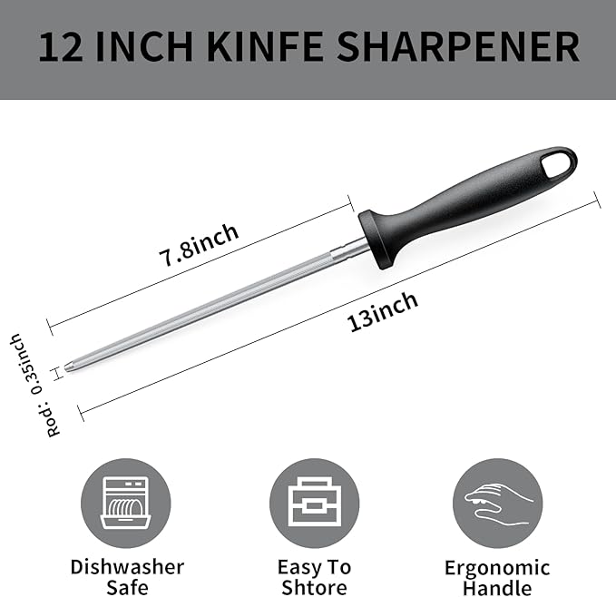 Knife Sharpener Rod, 13 Inch Carbon Steel Honing Steel for Kitchen Knives, Professional Magnetized Sharpening Stick with Nickel-Chrome Plating, Easy Grip Tool for Chef Knives