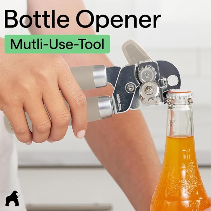 GORILLA GRIP Heavy Duty Stainless Steel Smooth Edge Manual Can Opener and Bottle Openers, Soft Comfortable Handle, Oversized Handheld Turn Knob, US Designed Multifunctional Kitchen Tool, Almond