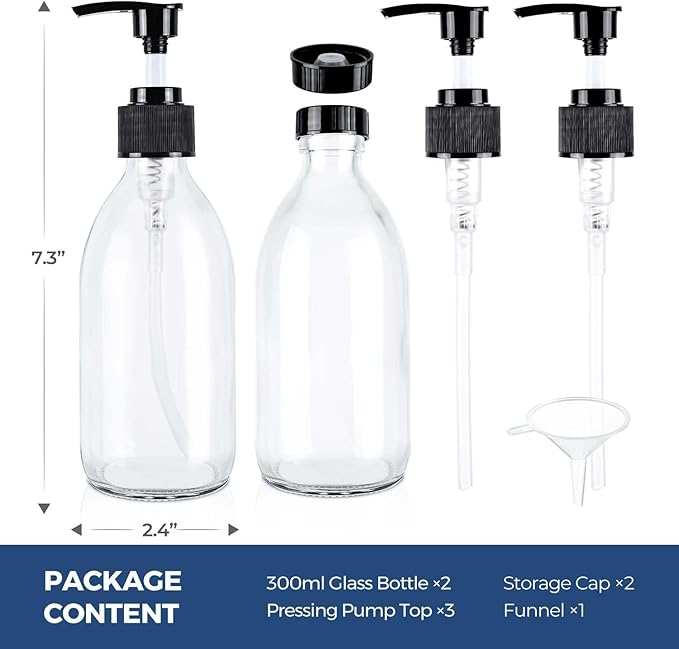 8 oz Clear Glass Pump Bottle, 250ml Small Lotion Dispenser Bottle for Body Massage Oil, Refillable Empty Hand and Dish Soap Dispensers Set with Storage Caps, Labels - 2 Pack