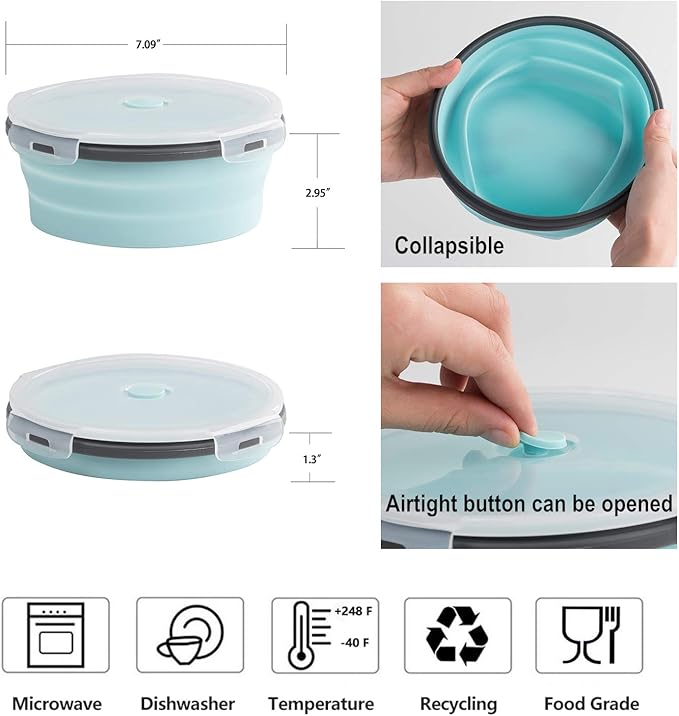 ColorCoral Camping Bowl with Lid Large Collapsible Silicone Bowl(1200ml/42oz) and Foldable Stainless Steel Fork for Travel and Camping Microvave and Fridge Food Storage