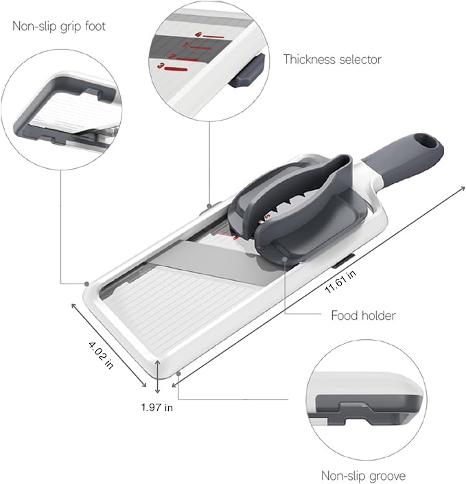 Handheld Mandoline Slicer for Kitchen - Adjustable 3-Thickness Vegetable Slicer (1mm-3mm) with Food Holder - Safe Potato Slicer & Cucumber Cutter for Salad, Easy to Clean (Gray)