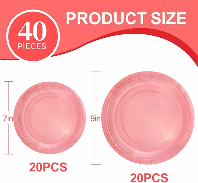 40Pcs Disposable Paper Plates Pink,Including 20pcs 9" and 20pcs 7" Plates,Strong and Sturdy Disposable Plates for Party, Dinner, Holiday, Picnic,Birthday Party, Dinner Table, Wedding