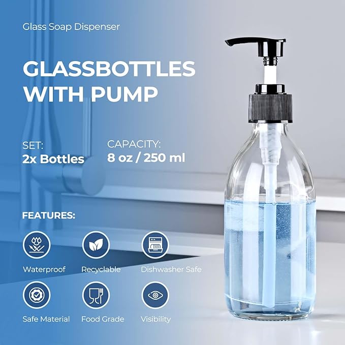 8 oz Glass Pump Bottle, 250ml Small Lotion Dispenser Bottle for Body Massage Oil, Refillable Empty Hand and Dish Soap Dispensers Set with Storage Caps, Labels - Amber & Clear, 2 Pack