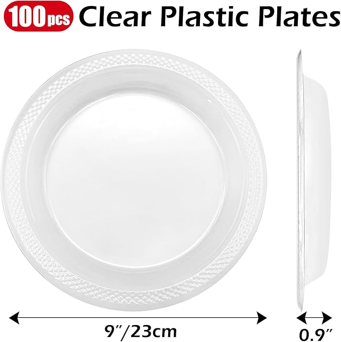 100 Count Clear Plastic Plates 9 Inch,Washable & Reusable，Dessert Plates Disposable,Cake Plates Disposable,Clear Plates For Party,Weddings and Events