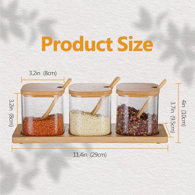 Condiment Containers with lids 3 pack Seasoning Box Condiment Pots Jars with Spoons Container for Spice Salt Sugar Cruet (Quadrate 1 set)