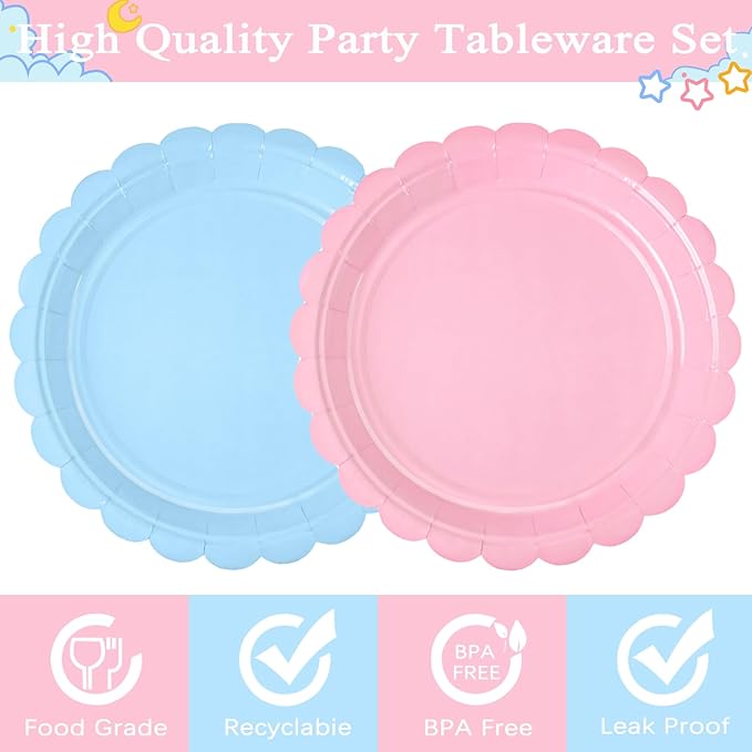 48 Pcs Gender Reveal Paper Plates for Boy or Girl Themed Party, 7" Light Pink and Blue Birthday Party Scalloped Round Dessert Plate for Baby Shower, Birthday, Wedding Party Decorations