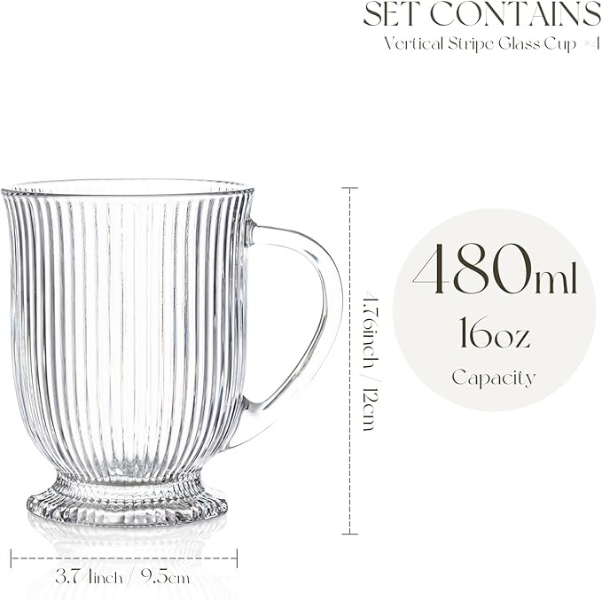 Glass Coffee Mugs Set of 4, Ribbed Large Coffee Mug 16 Oz With Handles for Hot Beverages, Clear Mugs for Tea, Cappuccino, Latte, Espresso Coffee, Glass Coffee Cups Large Coffee Mug, for Hot Beverages