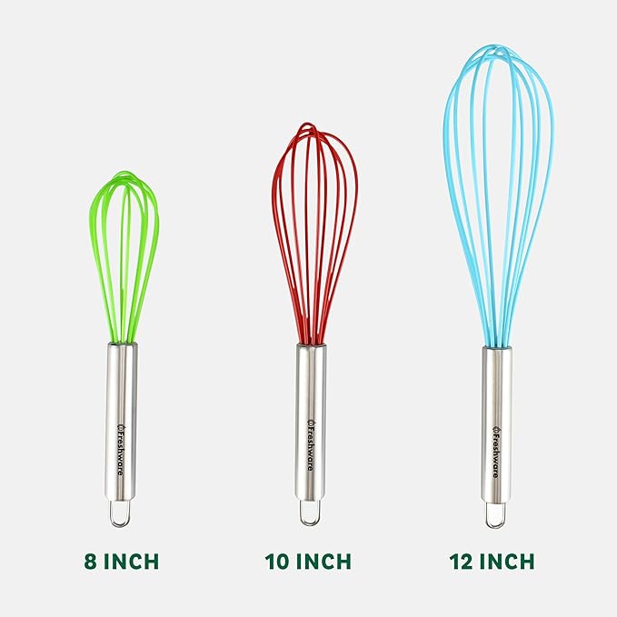 Freshware Silicone Whisk, Silicone Cooking Utensil Set, Silicone Whisks for Cooking, Non-Scratch Hand Whisks for Kitchen Essentials, Set of 3