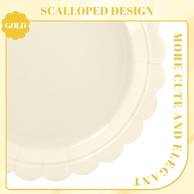 30 Pcs Dessert Plates Disposable, 7 Inch Ivory Paper Plates Scalloped Small Cake Appetizer Birthday Plate Cream Party Plate for Wedding, Baby Bridal Shower