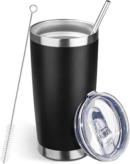 20oz Tumbler Bulk with Lid and Straw, Stainless Steel Double Wall Vacuum Insulated Travel Mug, Powder Coated Coffee Cups for Hot and Cold Drinks,Funny Gifts for Women Men(Black,1)