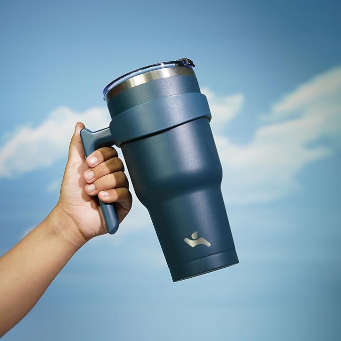 30 oz Tumbler with Handle and 2 Straw 2 Lid, Insulated Water Bottle Stainless Steel Vacuum Cup Reusable Travel Mug, Navy Blue