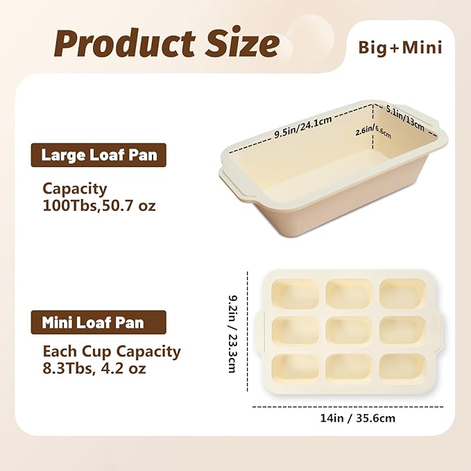 Silicone Bread Loaf Pan Set: 9.5 x 5 Inch Loaf Mold with Metal Frame and Nonstick Mini Bread Pan for Homemade - for Baking Banana Rye Cornbread Meatloaf Oven - Brownie Tray for Home Baker (Beige)