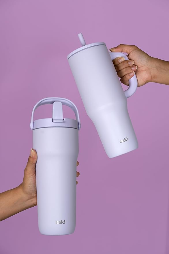 Zak Designs Sutton Travel Tumbler for On the Go, 30oz Stainless Steel with Vacuum Insulation, Straw Spout, Carry Handle for Cold Drinks (Smoky Lilac Purple)