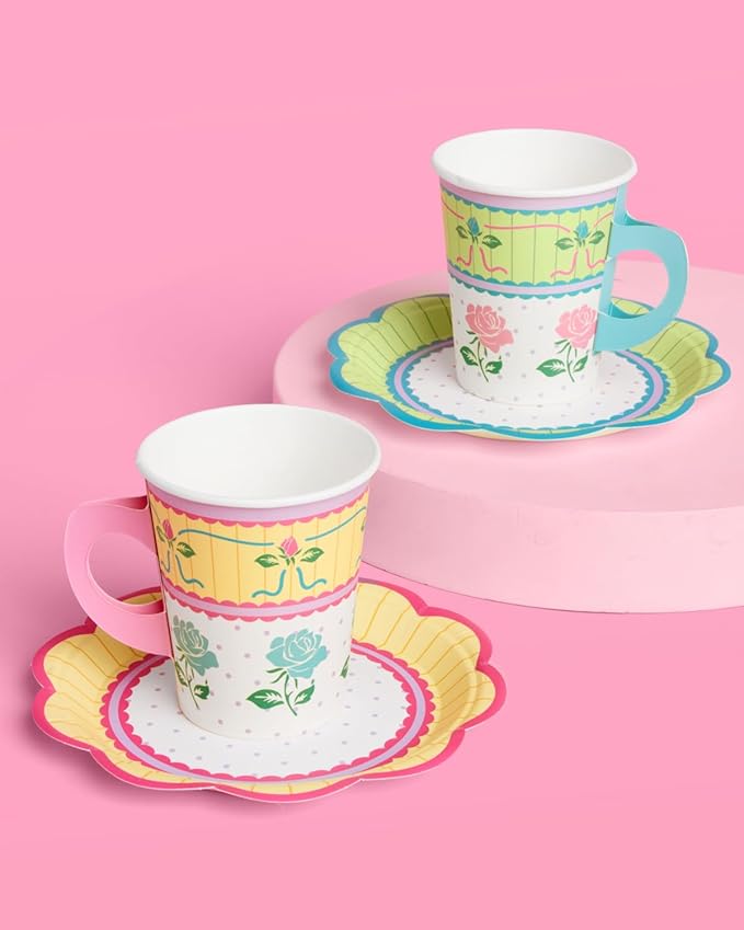 xo, Fetti Tea Party 9oz Cups and Saucers Set - 32 Piece Drinkware Set | Garden Party, Fancy Birthday, Easter, Pastel, Floral, Coquette, Vintage