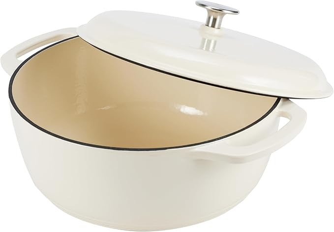 Amazon Basics Enameled Cast Iron Dutch Oven Pot with Lid, Round, Dual Handles, Heavy-Duty, Oven Safe for Stews, Roasting, Baking, 7.3-Quart, Matte White