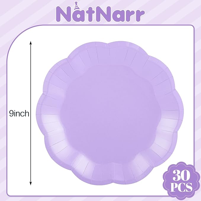 30 Pcs Light Purple Paper Plates, 9 Inch Scalloped Lavender Plates Cute Easter Plate Disposable Party Plate for Wedding, Birthday, Baby Shower