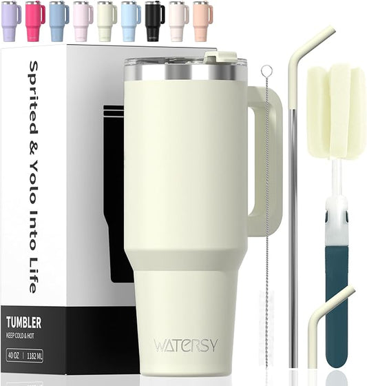 40 oz Tumbler with Handle,Tumbler with Lid and Straw,Double Wall Insulated Cup Stainless Steel Travel Mug(Cold for 34 Hours),Water Bottle for Iced Tea,Coffee,Cold Beverages(Cream White)