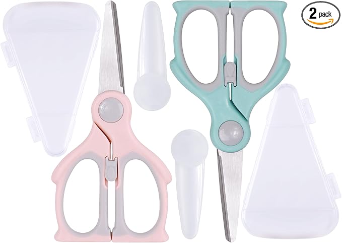 Baby Food Scissors Kicthen Shears,Portable Healthy Cute Kids Scissors Stainless Steel Scissors with Safety Lock and Storage Case - Ideal for Cutting Meat, Chicken, Vegetables, and Fruits (2Pack)