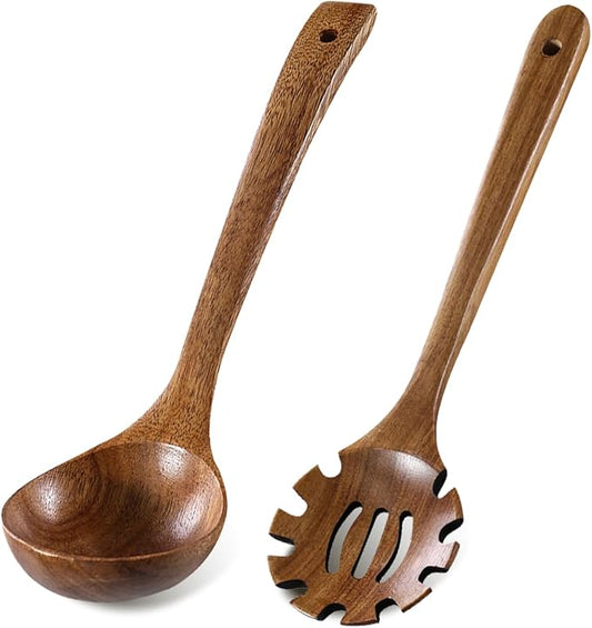 2PCS Wooden Ladle Set, wood ladle and Wooden Pasta Spoon with Hole, Durable Natural Wood, Non Scratch Cooking Tools for Soup, Pasta and Stirring