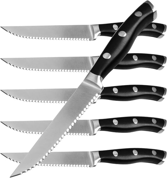 Alata 6-Piece Steak Knives Set, 4.7 Inch with Serrated Edge Razor-Sharp Dinner Knives, Full-Tang Construction