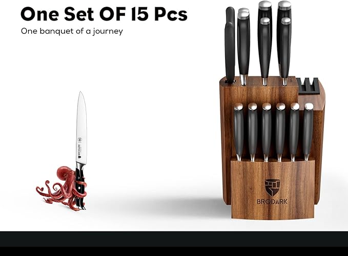 BRODARK Kitchen Knife Set: Full Tang 15 Pcs Professional Chef Knife Set with Sharpener, Razor-sharp Knives Set for Kitchen, German Stainless Steel Knife Block Set, Gift Box for Men Women
