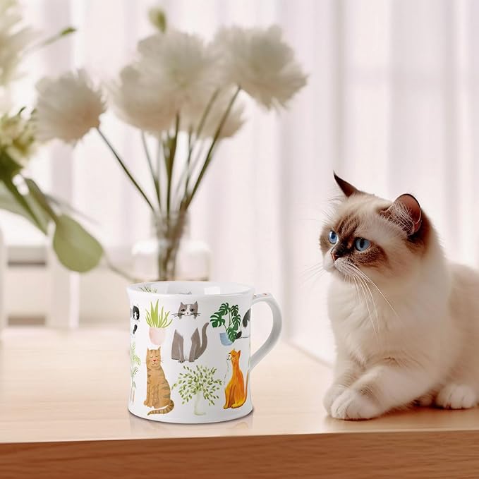 Cute Cats & Plants Coffee Mug - 12 oz Fine New Bone China Coffee Tea Cup with Kitten Design, Cat Mom Gifts for Women, Holiday Gift for Cat Lovers & Friends, Designed in England by Harvest Green Studio