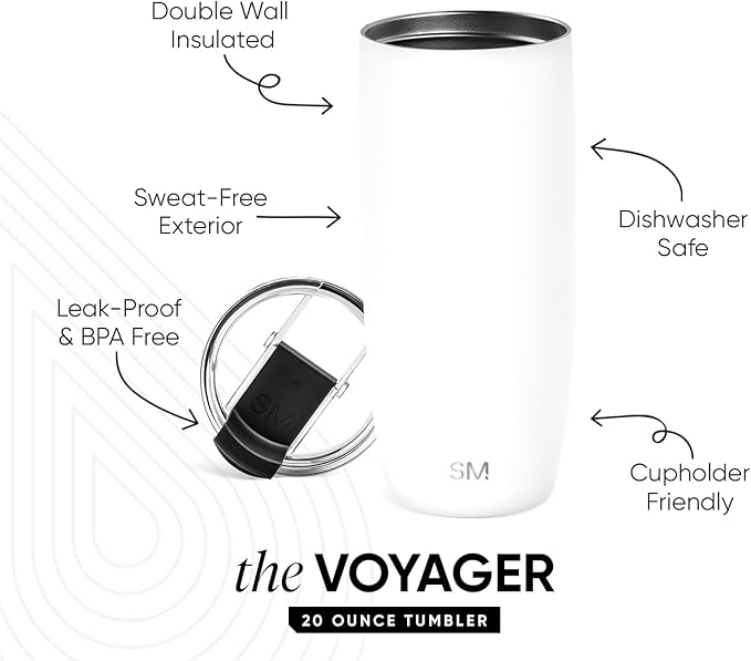 Simple Modern Voyager Tumbler with Flip Lid | Travel Coffee Mug | Insulated Stainless Steel Cold Brew Iced or Hot Coffee Cup | Gifts for Women Men Her Him | 20oz, Winter White